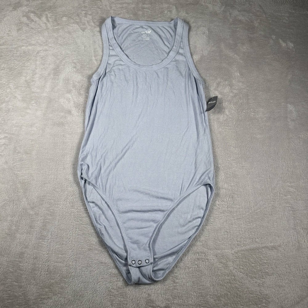 Aerie Ribbed Tank Bodysuit Light Blue Sleeveless Snap Bottom Stretch Size L